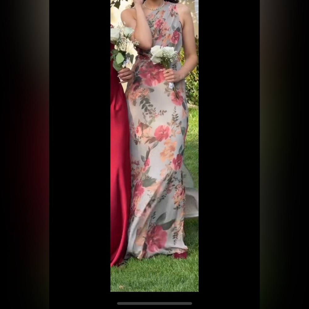 Floral One Shoulder Dress in Sage Green With Blush and Burgundy Floral Details